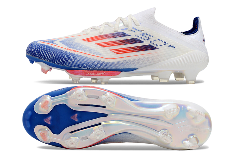 Chuteira Campo Adidas F50+ FG Branca, Azul e Vermelho "Advancement Pack"