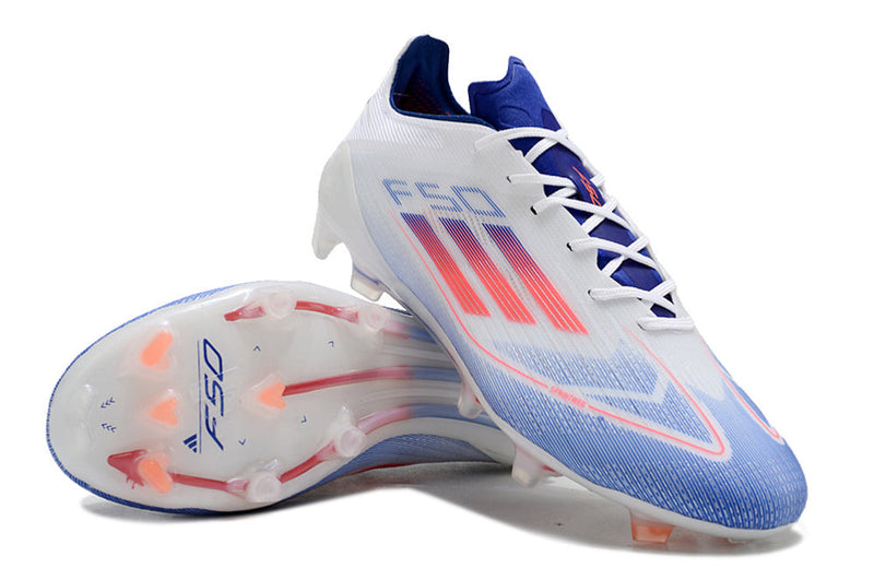 Chuteira Campo Adidas F50 FG Branca, Azul e Vermelho "Advancement Pack"