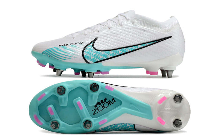 Chuteira Campo Nike Air Zoom Mercurial Vapor 15 Elite Trava Mista Branca, Azul e Rosa