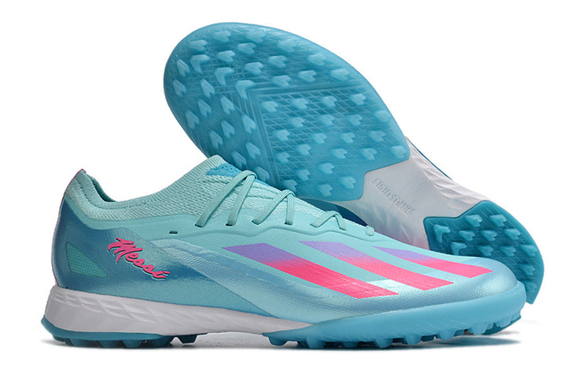 Chuteira Society Adidas X CrazyFast.1 TF Azul e Rosa "Miami Vice"