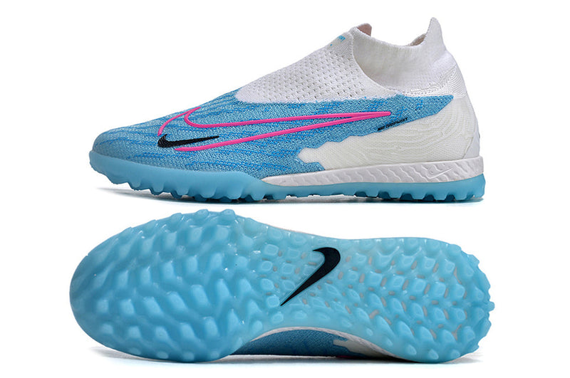 Chuteira Society Nike Phantom GX DF Elite TF Branca e Azul "Blast Pack"