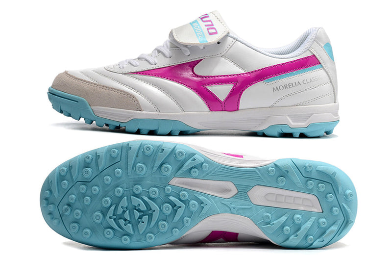 Chuteira Society Mizuno Morelia 3 TF Branca, Rosa e Azul