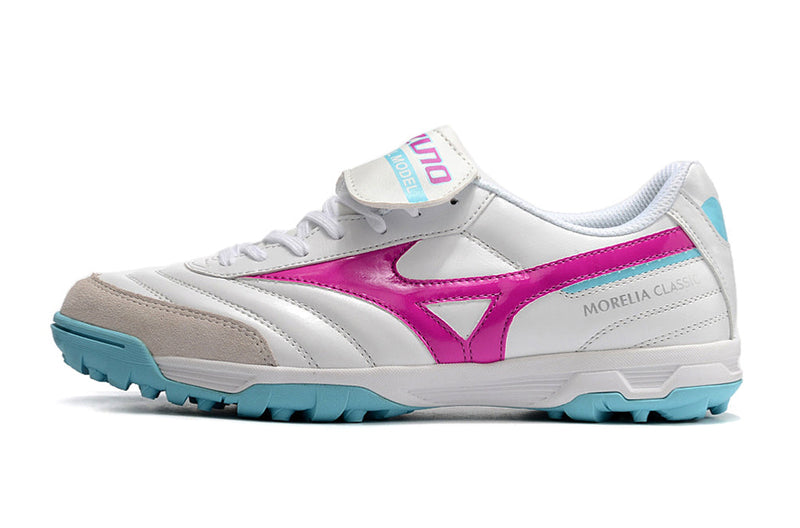 Chuteira Society Mizuno Morelia 3 TF Branca, Rosa e Azul