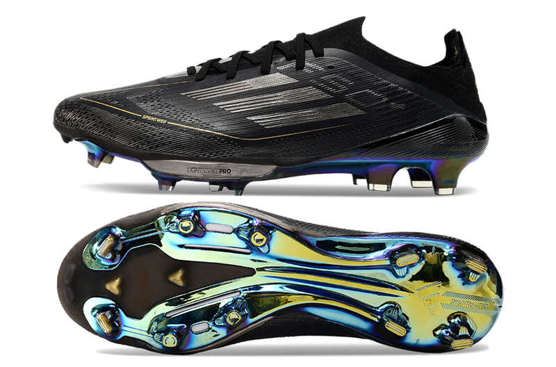 Chuteira Campo Adidas F50+ FG Preta e Dourada "Dark Spark Pack"