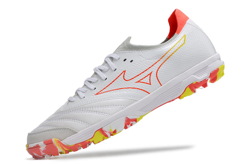 Chuteira Society Mizuno Morelia Neo Beta TF Branca e Vermelha