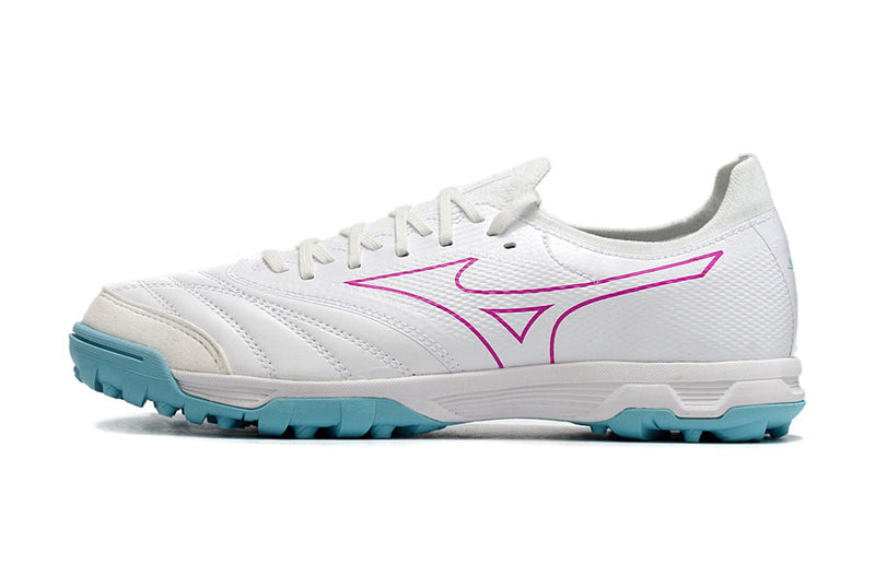 Chuteira Society Mizuno Morelia Neo Beta TF Branca, Azul e Rosa