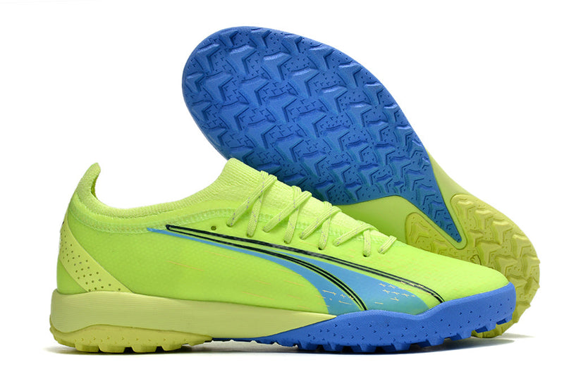 Chuteira Society Puma Ultra Ultimate 1.4 TF Verde e Azul "Fastest Pack"