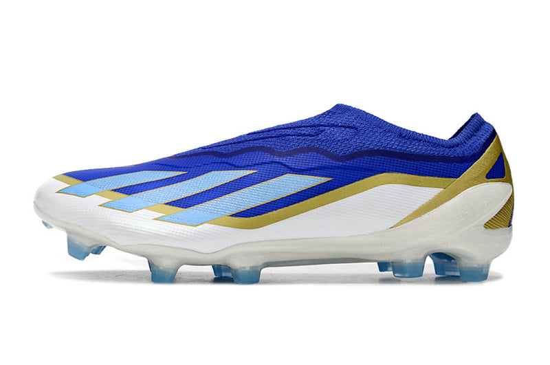 Chuteira Campo Adidas X Crazyfast Messi.1 FG Azul, Branco e Dourado "Spark Gen10s"