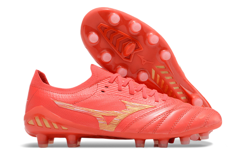 Chuteira Campo Mizuno Morelia Neo 4 Beta FG Vermelha e Dourada "Release Pack"