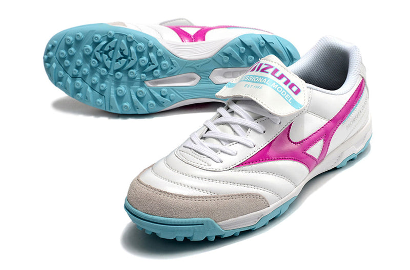 Chuteira Society Mizuno Morelia 3 TF Branca, Rosa e Azul