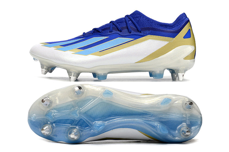 Chuteira Campo Adidas X Crazyfast Messi.1 Ponta de Aluminio Azul, Branco e Dourado "Spark Gen10s"