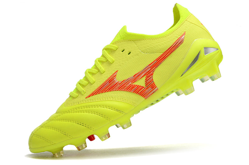 Chuteira Campo Mizuno Morelia Neo 4 Beta FG Amarelo e Vermelho "Dyna Pack'