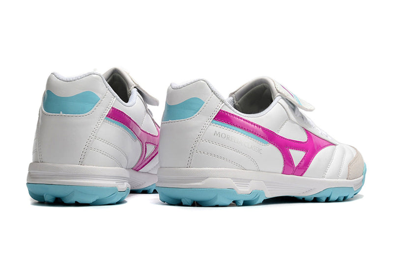 Chuteira Society Mizuno Morelia 3 TF Branca, Rosa e Azul