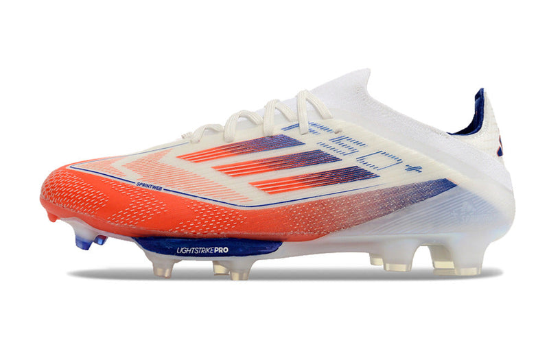 Chuteira Campo Adidas F50+ FG Branca, Azul e Vermelha "Advancement Pack"