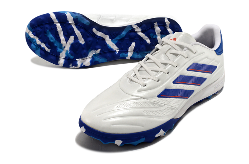 Chuteira Society Adidas Copa Pure.1 TF Branca, Azul e Vermelha "Advancement Pack"