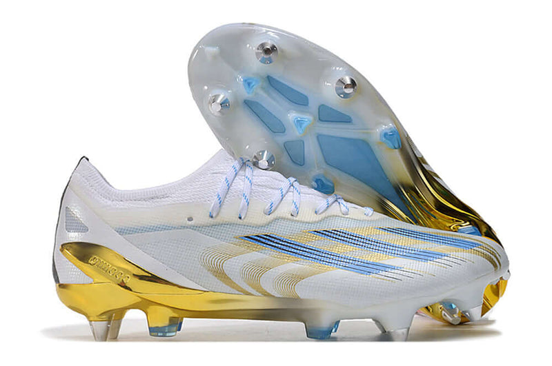 Chuteira Campo Adidas X CrazyFast Messi.1 Ponta de Aluminio Branca, Azul e Dourada "Las Estrellas"