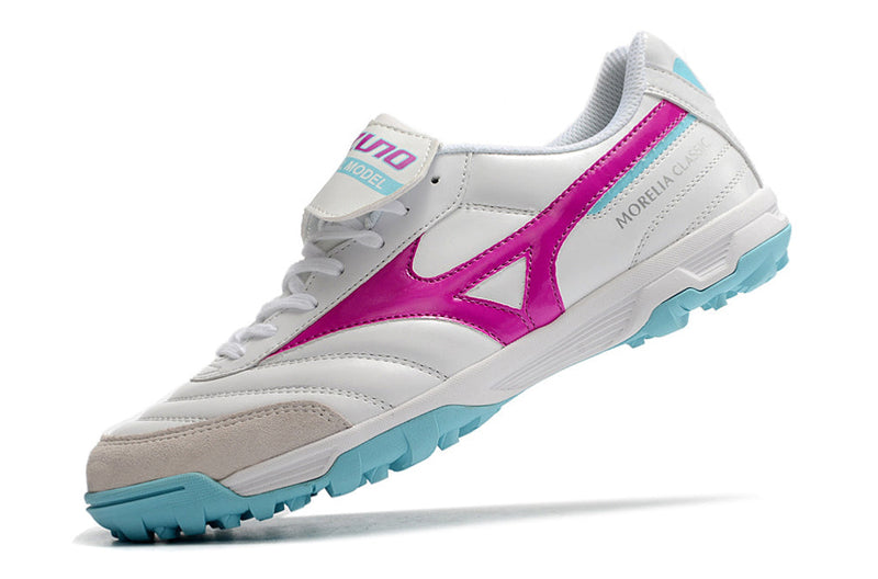 Chuteira Society Mizuno Morelia 3 TF Branca, Rosa e Azul