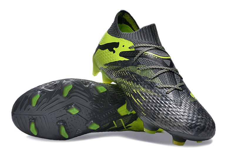 Chuteira Campo Puma Future 7 FG Cinza e Verde "Rush Pack"