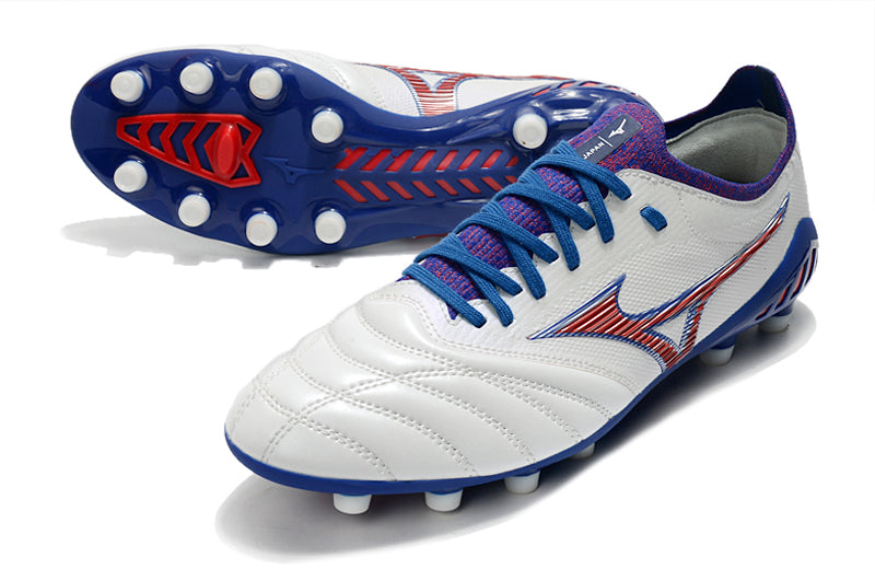 Chuteira Campo Mizuno Morelia Neo 3 FG Branca, Azul e Vermelha