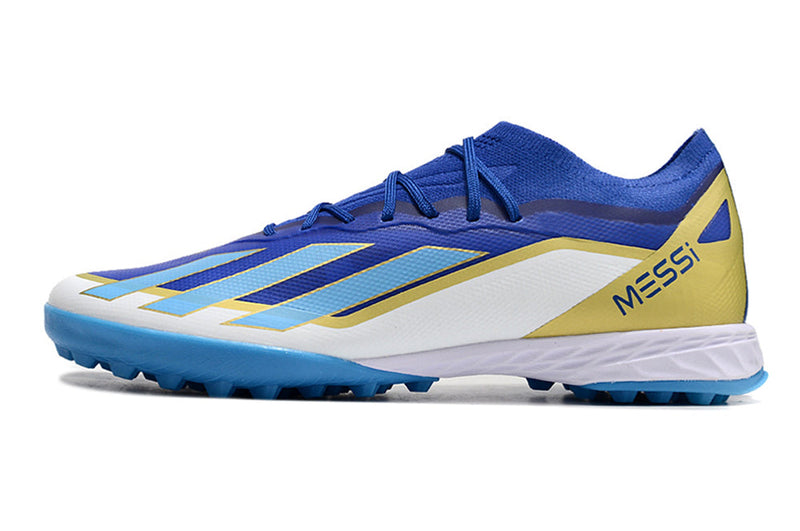 Chuteira Society Adidas X Crazrfast Messi .1 TF Azul, Branca e Dourada "Spark Gen10s"