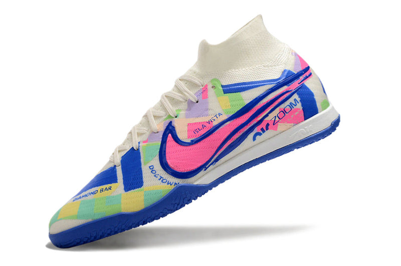 Chuteira Futsal Nike Air Zoom Mercurial Superfly 9 Elite IC Branca, Azul e Rosa "SoCal Pack"