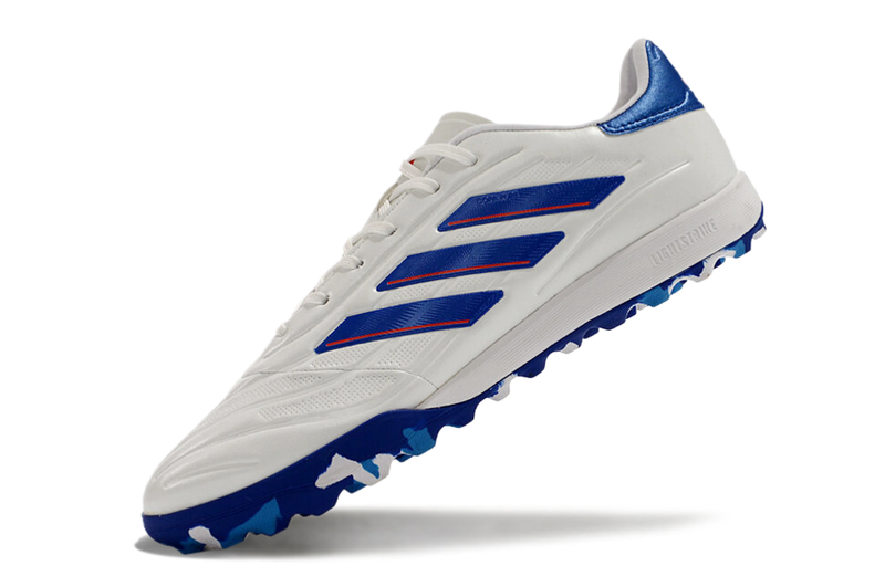 Chuteira Society Adidas Copa Pure.1 TF Branca, Azul e Vermelha "Advancement Pack"