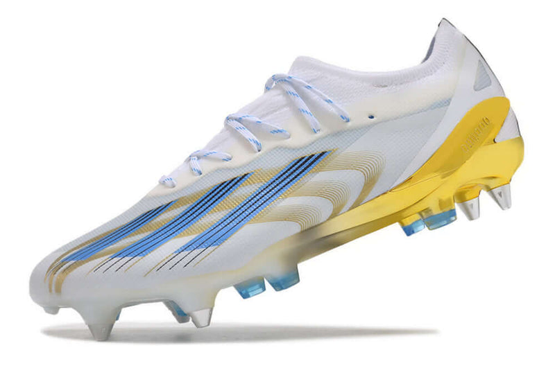 Chuteira Campo Adidas X CrazyFast Messi.1 Ponta de Aluminio Branca, Azul e Dourada "Las Estrellas"