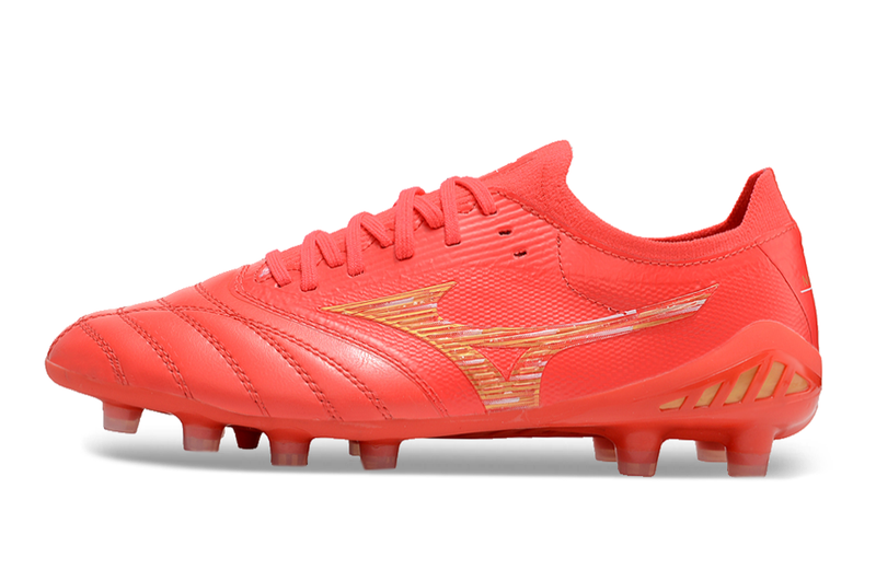 Chuteira Campo Mizuno Morelia Neo 4 Beta FG Vermelha e Dourada "Release Pack"