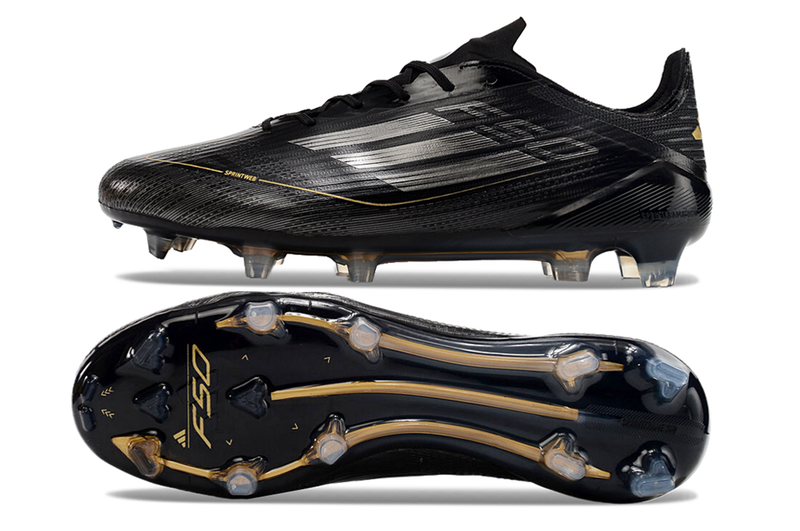 Chuteira Campo Adidas F50 FG Preta, Branca e Dourada "Dark Spark Pack"