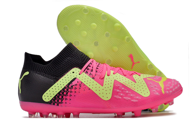 Chuteira Society Puma Future Ultimate MG Preta, Verde e Rosa "Tricks Pack"