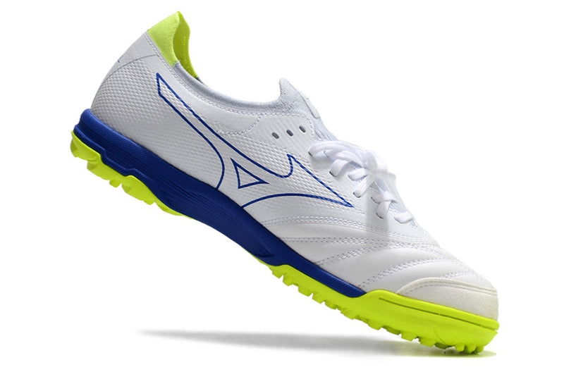 Chuteira Society Mizuno Morelia Neo Beta TF Branca, Azul e Verde "Below Zero"