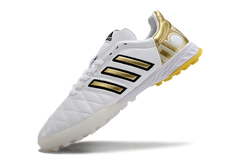 Chuteira Society Adidas AdiPure 11 Pro TF Branca e Dourada "Toni Kroos"