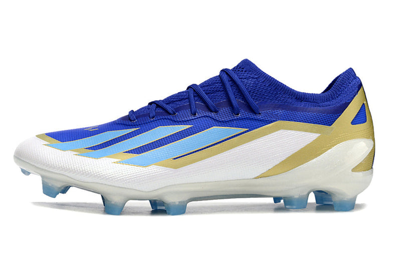 Chuteira Campo Adidas X Crazyfast Messi+ FG Azul, Branco e Dourado "Spark Gen10s"