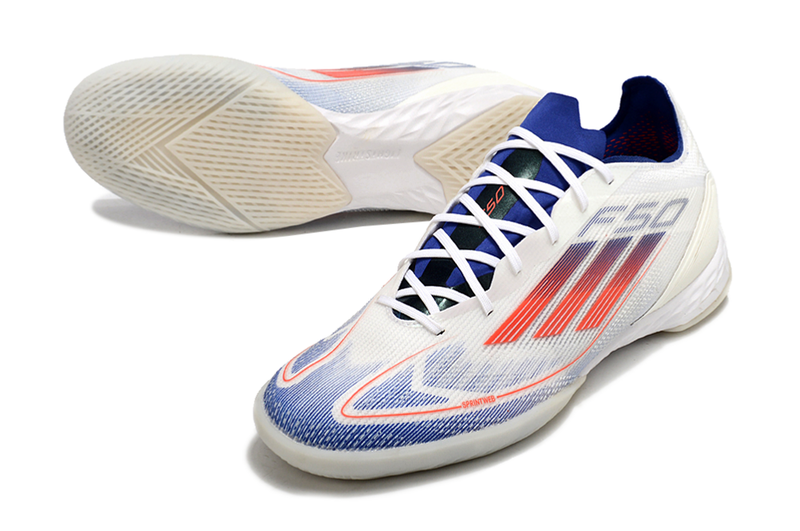 Chuteira Futsal Adidas F50 IC Branca, Azul e Vermelha "Advancement Pack"