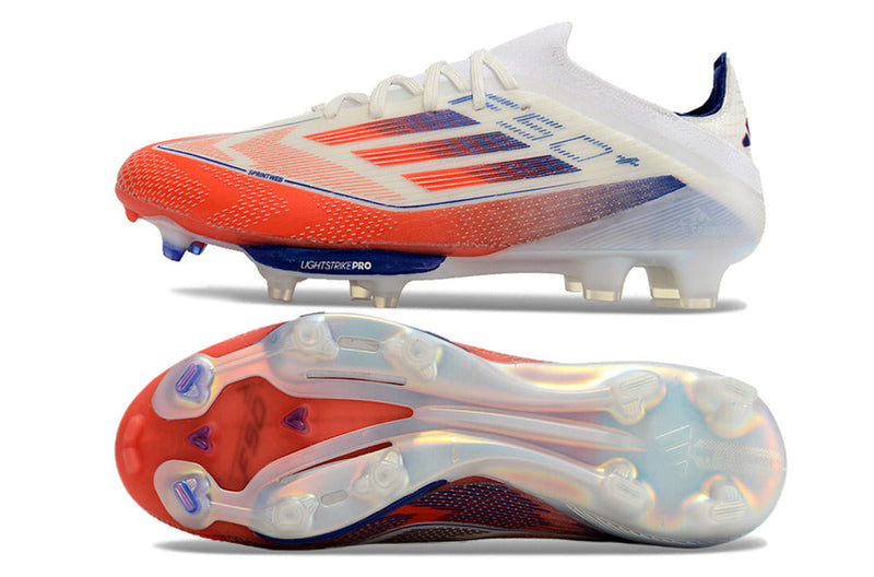 Chuteira Campo Adidas F50+ FG Branca, Azul e Vermelha "Advancement Pack"