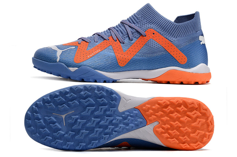 Chuteira Society Puma Future Ultimate TF Roxa e Laranja "Supercharge Pack"