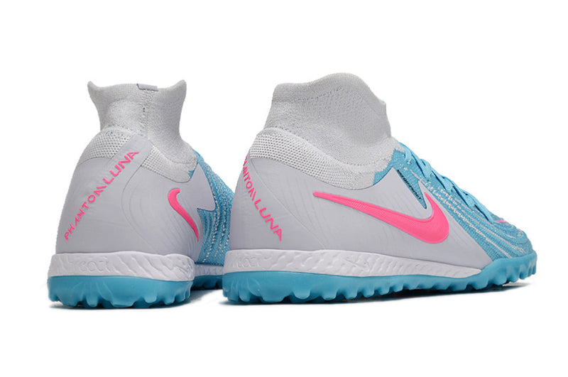 Chuteira Society Nike Phantom Luna Elite TF Cinza, Azul e Rosa