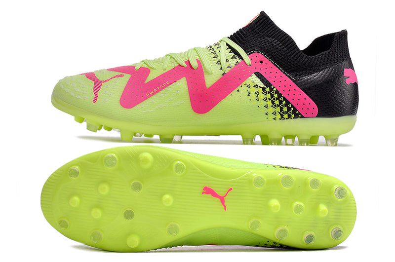 Chuteira Society Puma Future Ultimate MG Preta, Verde e Rosa "Tricks Pack"