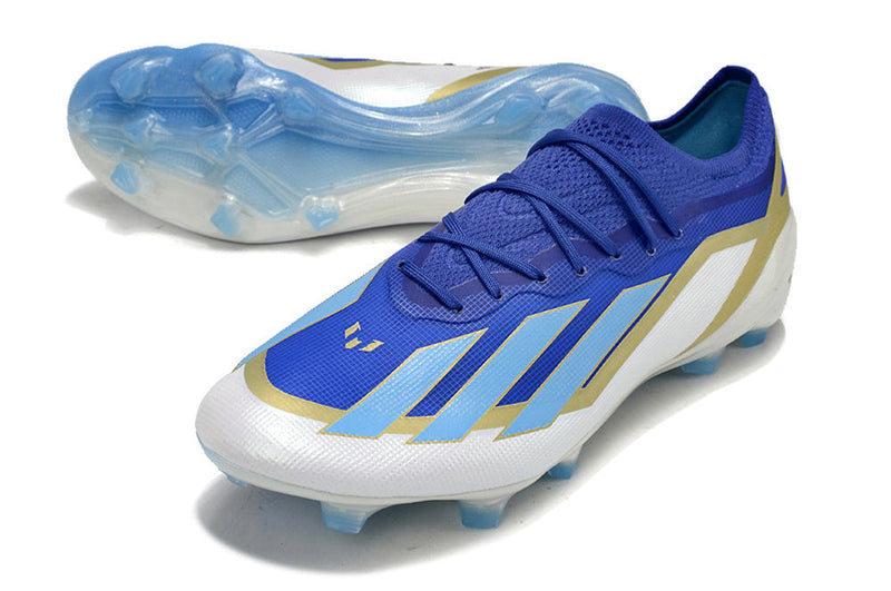 Chuteira Campo Adidas X Crazyfast Messi+ FG Azul, Branco e Dourado "Spark Gen10s"