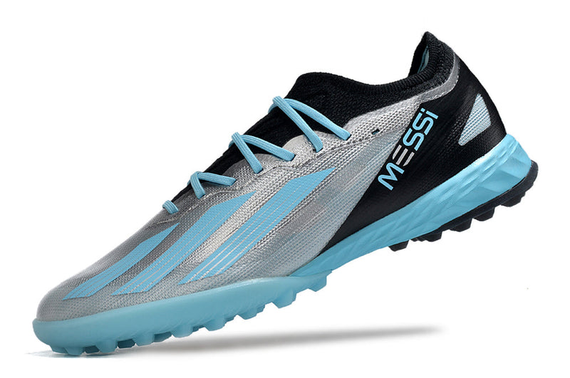 Chuteira Society Adidas X Crazyfast Messi.1 TF Prata e Azul "Infinito"