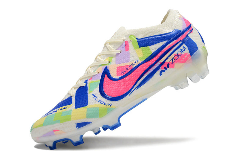 Chuteira Campo Nike Air Zoom Mercurial Vapor 15 Elite FG Branco, Azul e Rosa