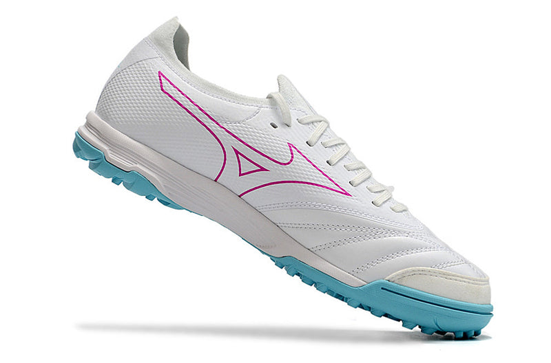 Chuteira Society Mizuno Morelia Neo Beta TF Branca, Azul e Rosa