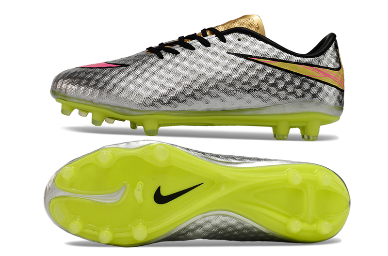 Chuteira Campo Nike Retrô Hypervenom Phantom I FG Prata, Verde e Dourada