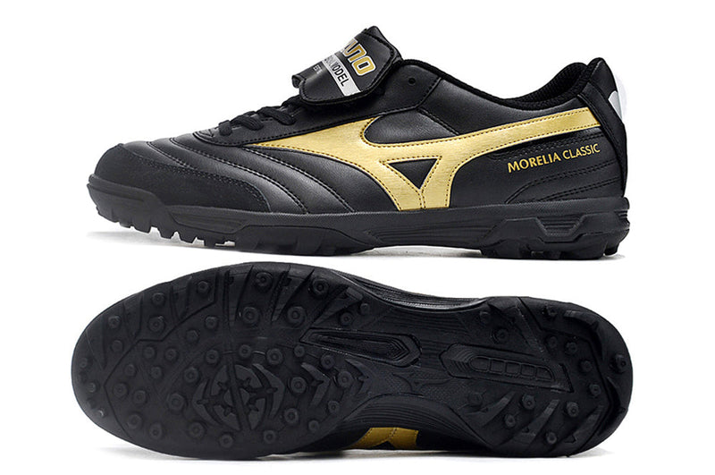 Chuteira Society Mizuno Morelia 4 TF Preta e Dourada "Aurum Pack"