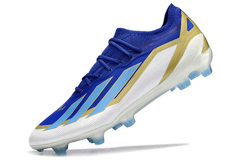 Chuteira Campo Adidas X Crazyfast Messi+ FG Azul, Branco e Dourado "Spark Gen10s"