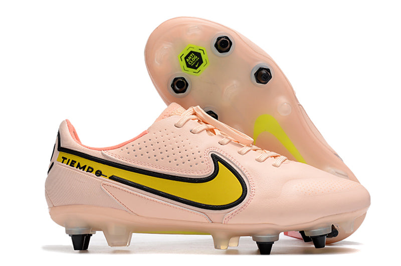 Chuteira Campo Nike Tiempo Legend 9 Elite Trava Mista Rosa e Amarelo "Lucent Pack"