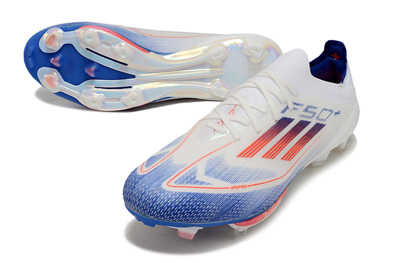 Chuteira Campo Adidas F50+ FG Branca, Azul e Vermelho "Advancement Pack"