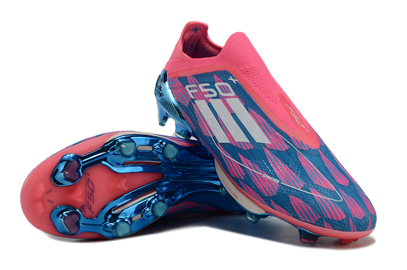 Chuteira Campo Adidas F50+ LL FG Rosa, Azul e Branca "Re-Emergence Pack"