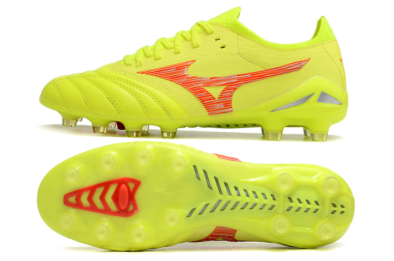 Chuteira Campo Mizuno Morelia Neo 4 Beta FG Amarelo e Vermelho "Dyna Pack'