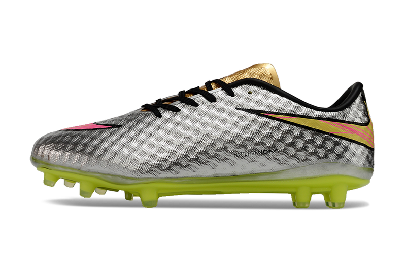 Chuteira Campo Nike Retrô Hypervenom Phantom I FG Prata, Verde e Dourada